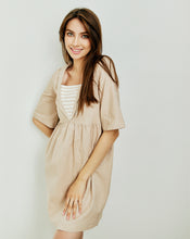 Load image into Gallery viewer, Monroe Bisque Linen Blend Dress with a Decorative Collar and Striped Detail