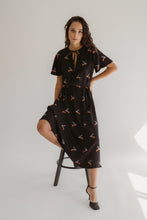 Load image into Gallery viewer, Birds Print On Black Crepe Evening Dress With Flattering Skirt And Sleeves