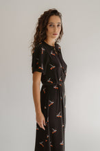 Load image into Gallery viewer, Birds Print On Black Crepe Evening Dress With Flattering Skirt And Sleeves