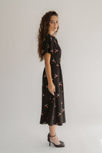 Load image into Gallery viewer, Birds Print On Black Crepe Evening Dress With Flattering Skirt And Sleeves