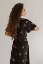 Load image into Gallery viewer, Birds Print On Black Crepe Evening Dress With Flattering Skirt And Sleeves