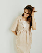 Load image into Gallery viewer, Monroe Bisque Linen Blend Dress with a Decorative Collar and Striped Detail
