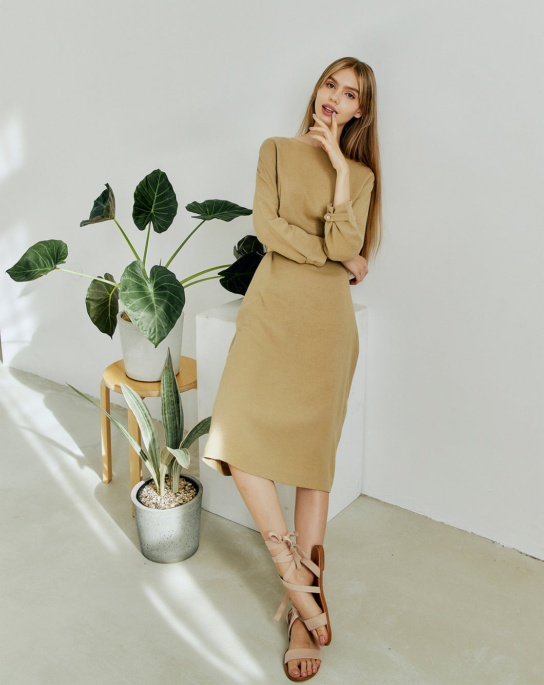 Beige Eco-Friendly Style Dress with an Open Back and Braided Belt