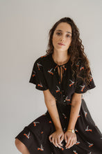 Load image into Gallery viewer, Birds Print On Black Crepe Evening Dress With Flattering Skirt And Sleeves
