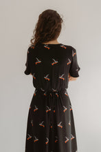 Load image into Gallery viewer, Birds Print On Black Crepe Evening Dress With Flattering Skirt And Sleeves
