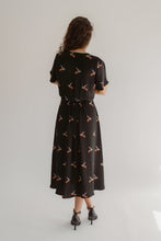 Load image into Gallery viewer, Birds Print On Black Crepe Evening Dress With Flattering Skirt And Sleeves
