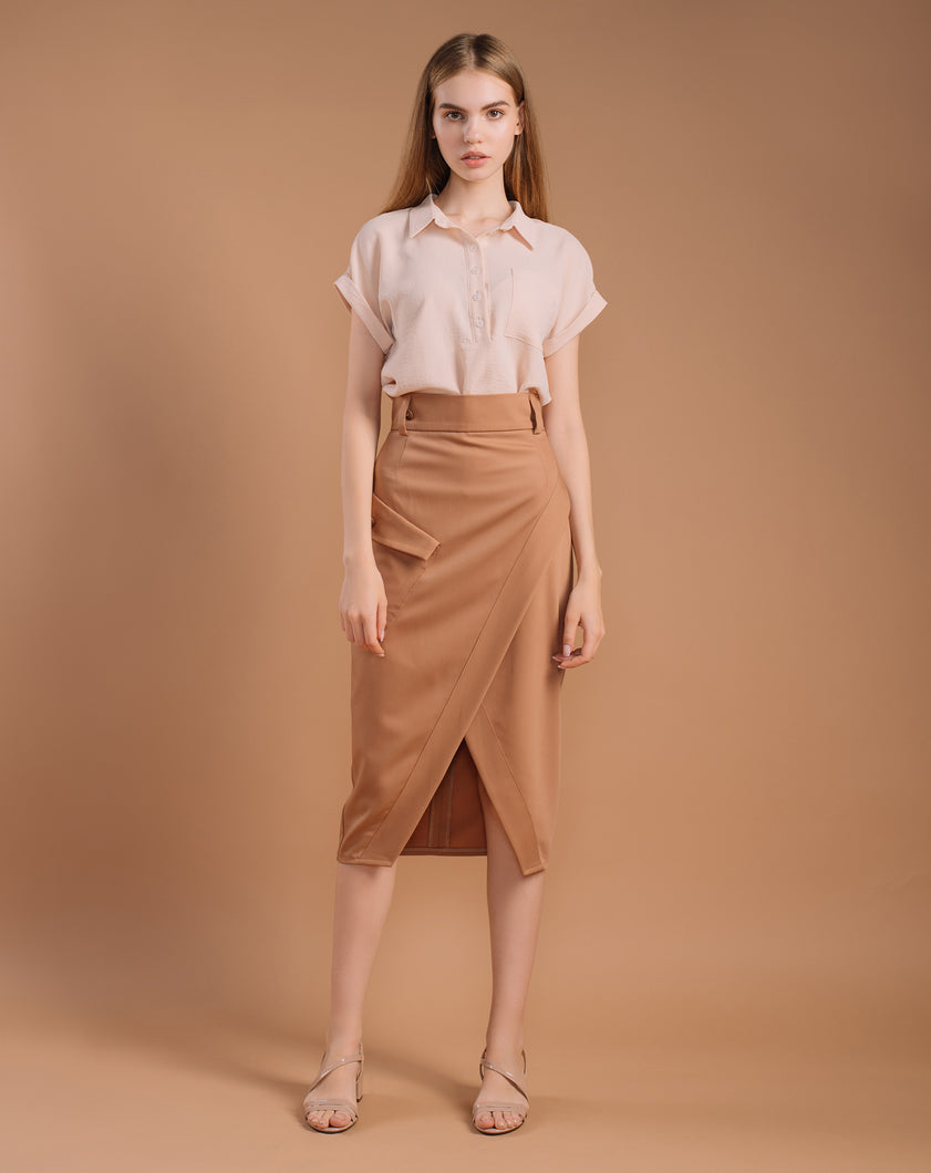 Hazelnut Brown Asymmetric Skirt with a Tie Belt