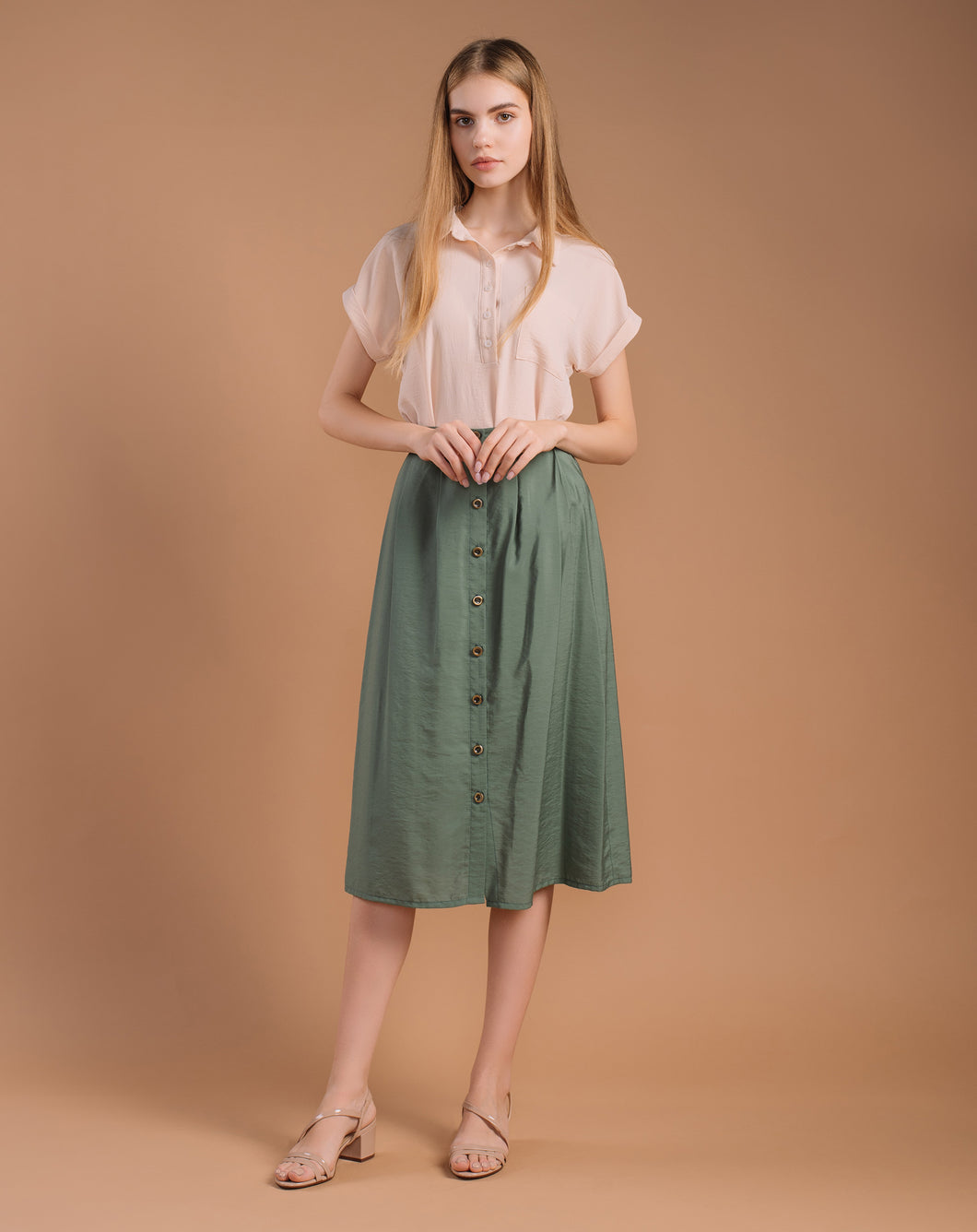 Emerald Green Midi Front Buttons Skirt